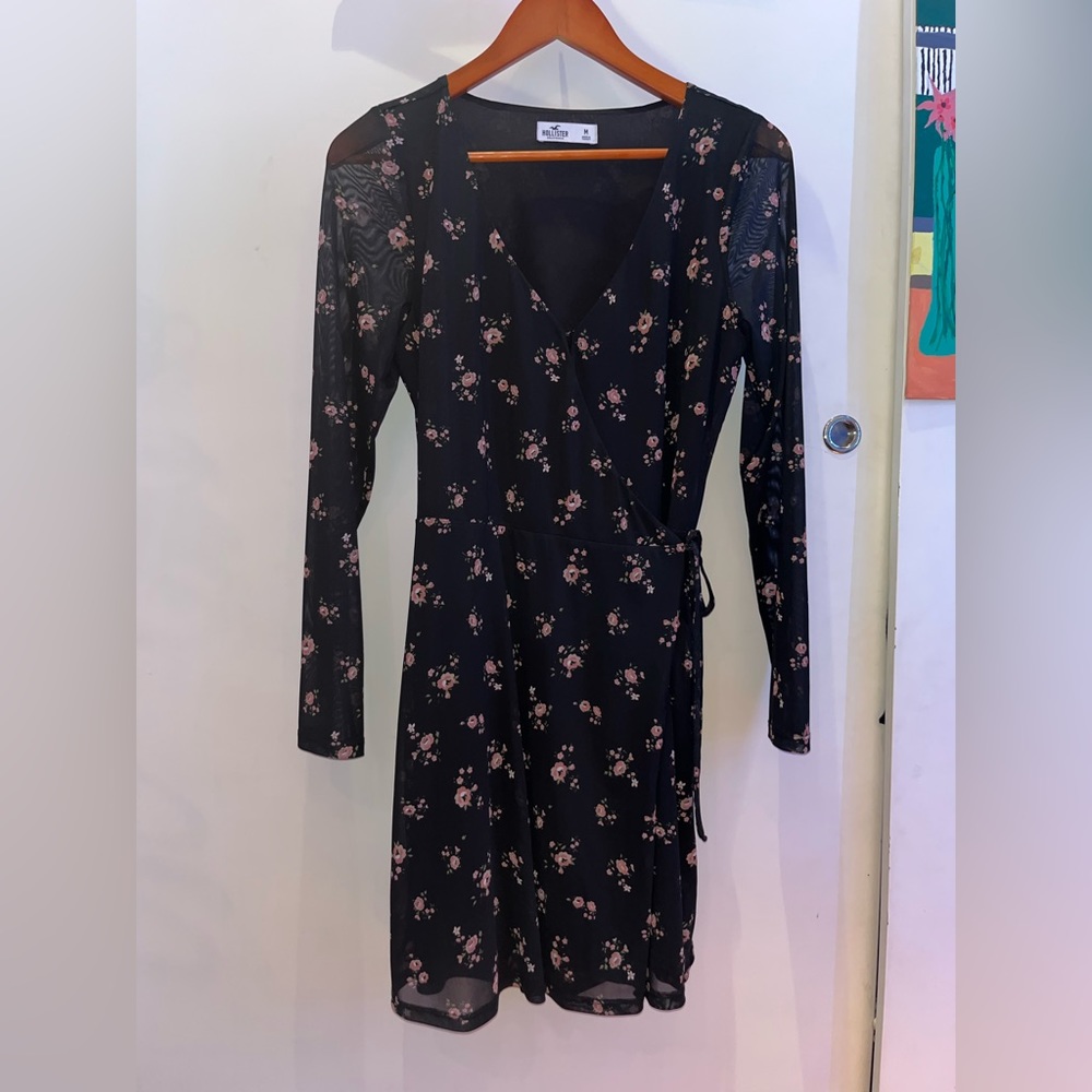 Hollister Black Floral Long Sleeved Wrap Dress